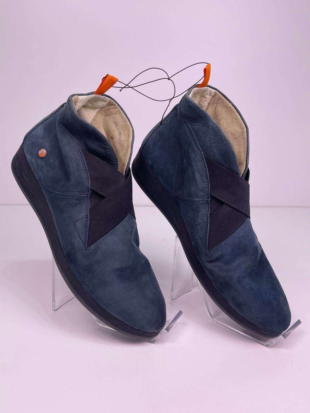 NWT Fly London Blue Suede Wedge Booties Womens Sz 8 Comfort Slip On Ankle Boots